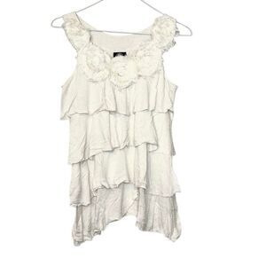 Bobeau Flower Applique Tiered Ruffle Layered Sleeveless Top White Small